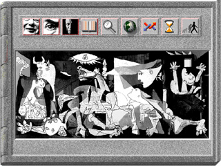 Hypertext multimedia lessons with new verb:noun queries & video submenus of Picasso's painting as window to non-linear learning.